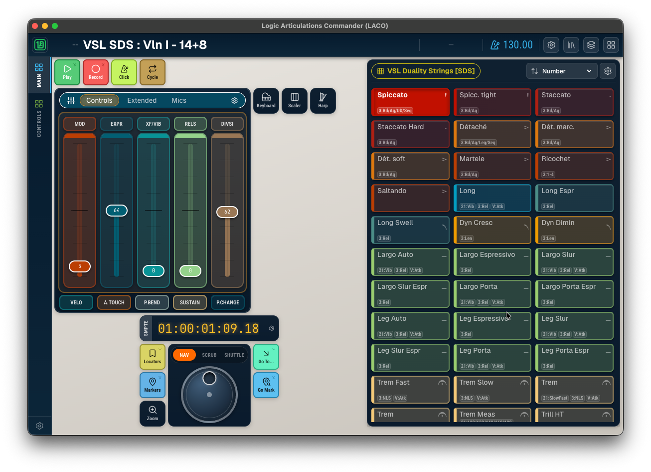 LACO general view with transport, widgets, and articulations panel