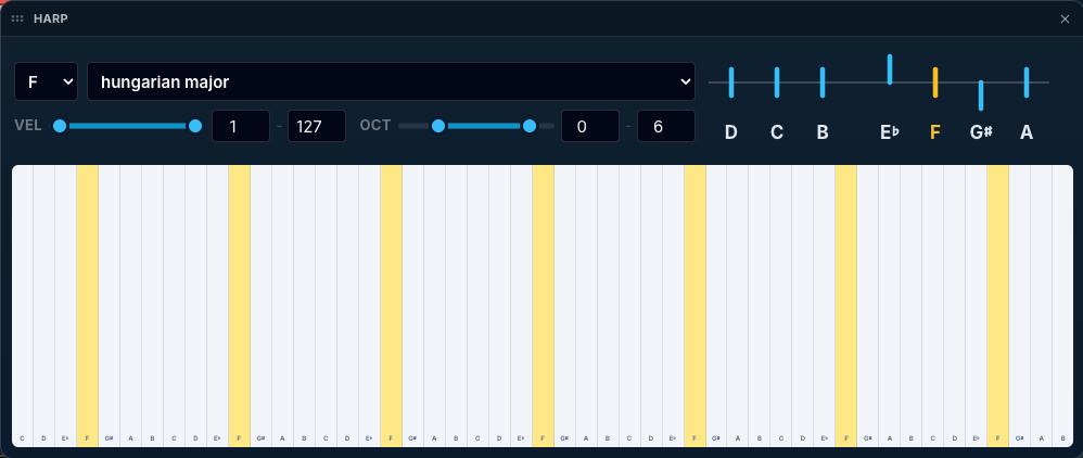 Harp widget showing a scale-locked strummable key range