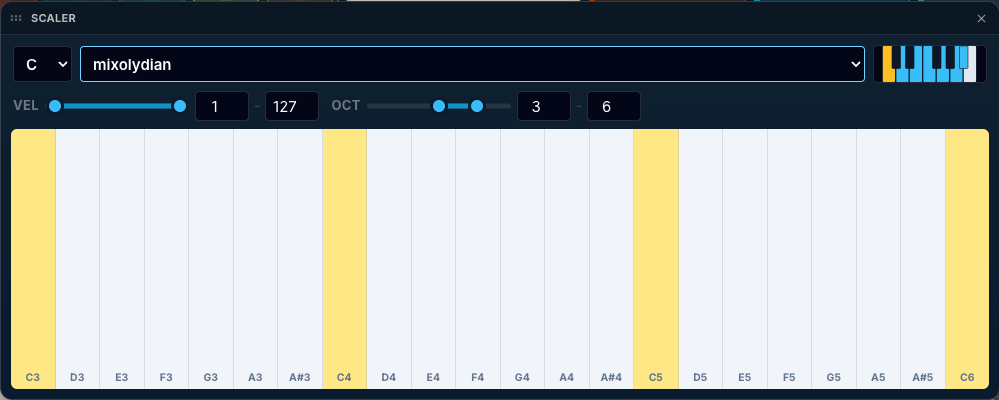 Scaler widget showing key, mode, and octave range controls